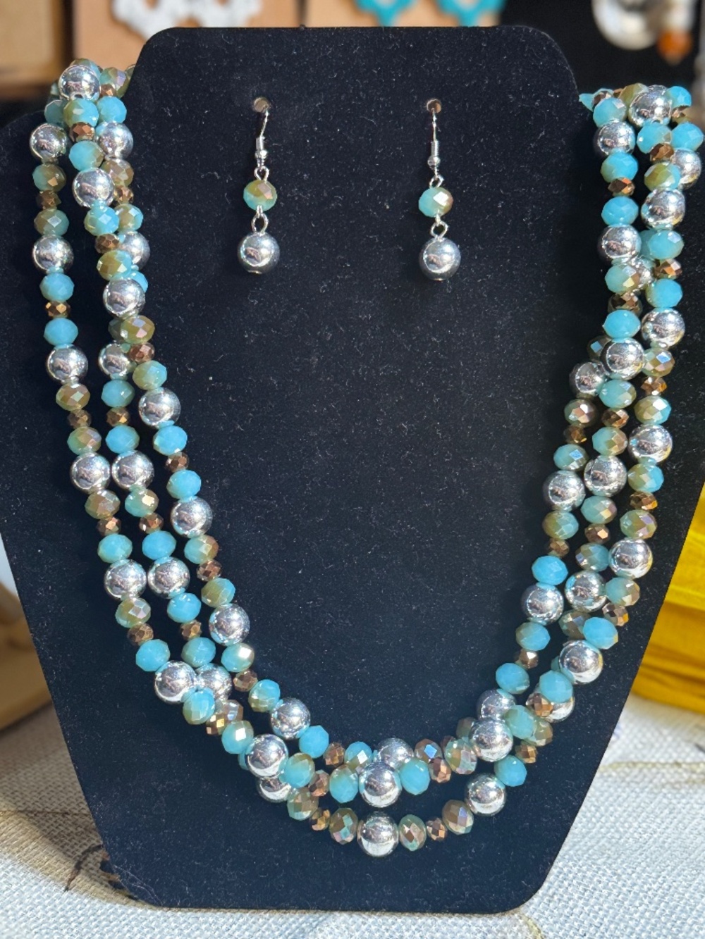 3-Strand Turquoise, Bronze & Silver Beaded Necklace & Earring Set